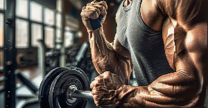 A close-up of a muscular arm lifting a dumbbell in a gym, focusing on the defined muscles and equipment in the background.