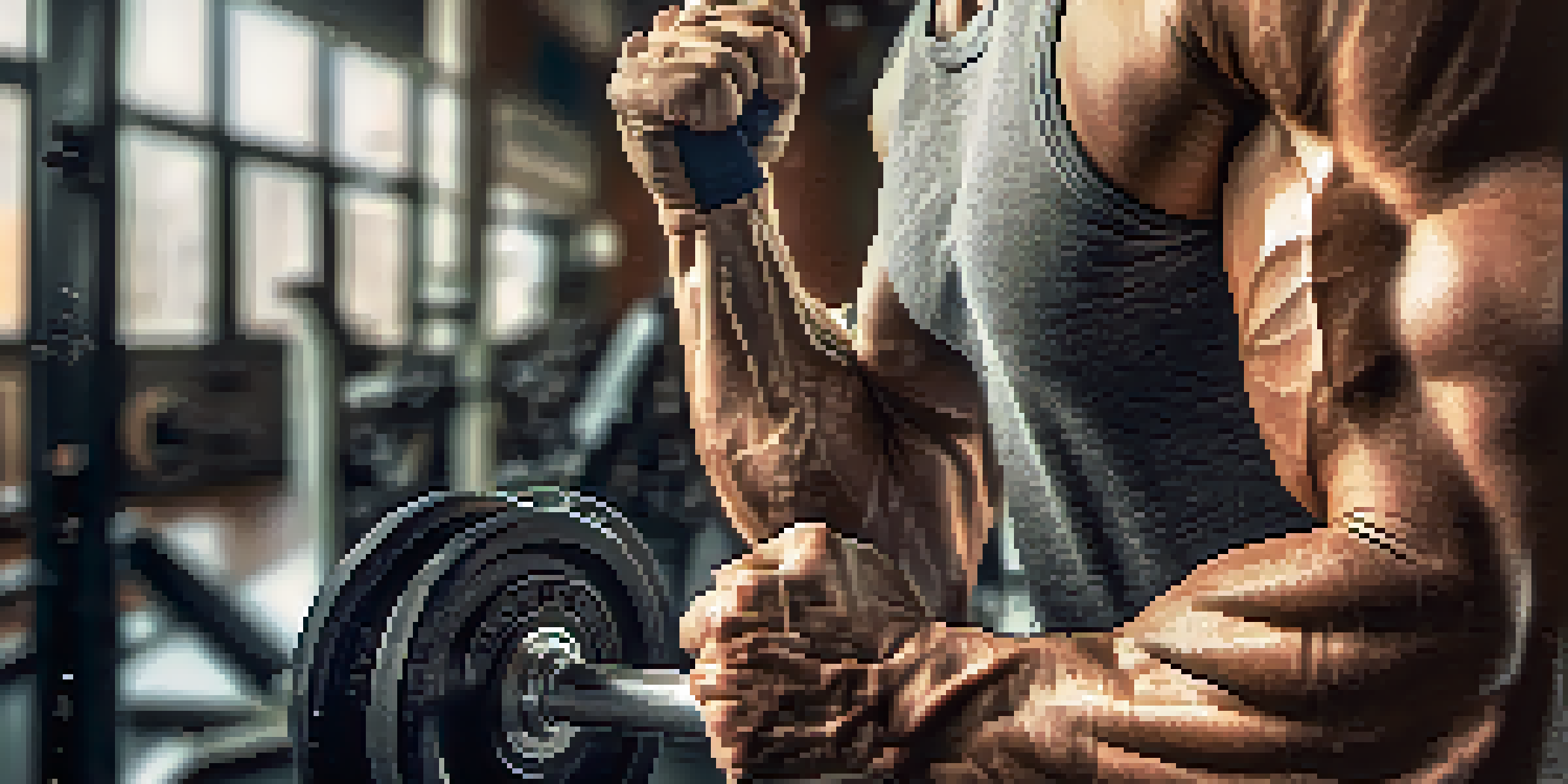 A close-up of a muscular arm lifting a dumbbell in a gym, focusing on the defined muscles and equipment in the background.
