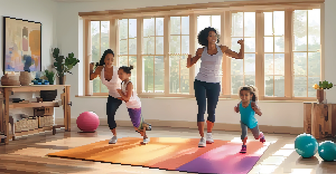 A family of four working out together in a bright home gym, with one parent demonstrating squats and the other encouraging a child doing push-ups.