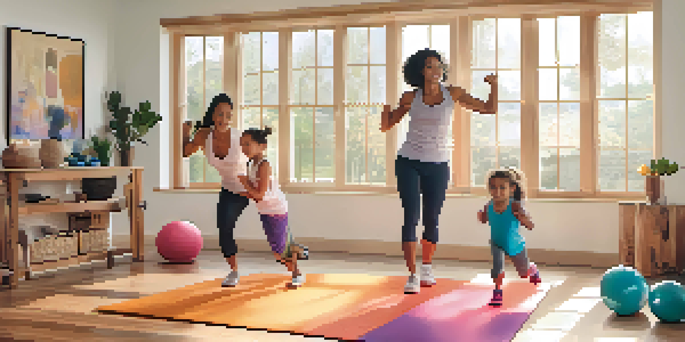 A family of four working out together in a bright home gym, with one parent demonstrating squats and the other encouraging a child doing push-ups.