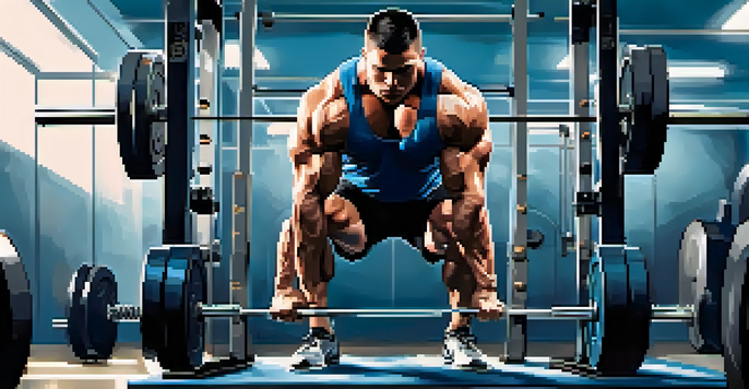 A powerlifter performing a heavy squat in a gym, with weights and gym equipment in the background.