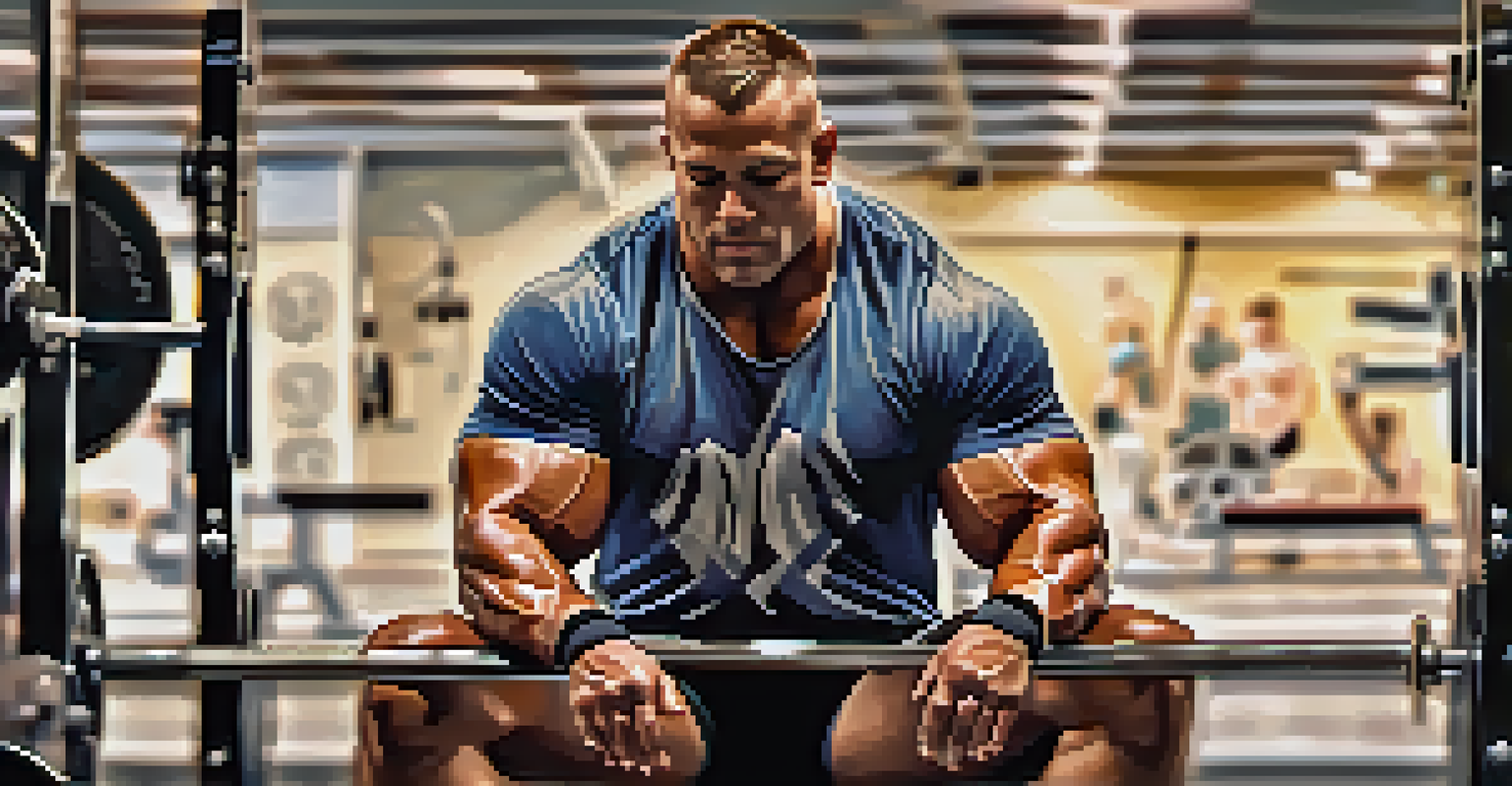A powerlifter resting on a bench, looking relaxed and proud after a lift, with sweat on their forehead and a warm gym atmosphere.