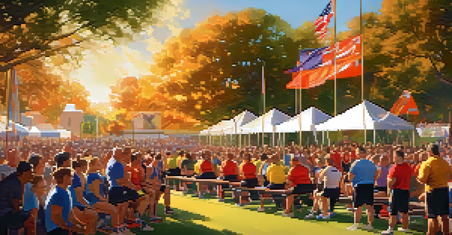 Competitors at an outdoor powerlifting competition in a park, with spectators cheering and colorful banners.