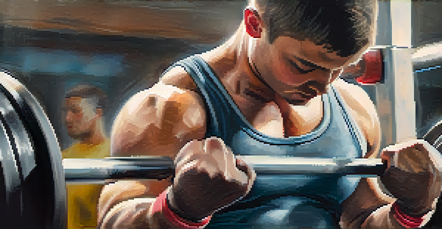A close-up of a powerlifting athlete chalking their hands, with a focused expression and gym equipment in the background.