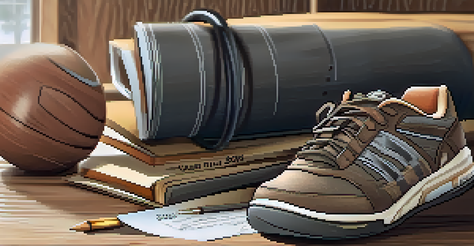A close-up of an open powerlifting journal on a wooden table, surrounded by a pen and lifting shoes, in warm lighting.