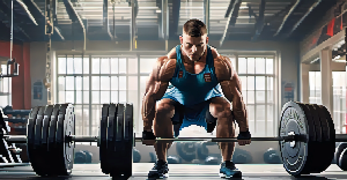 A powerlifter squatting with weights in a bright gym filled with training equipment and motivational posters.