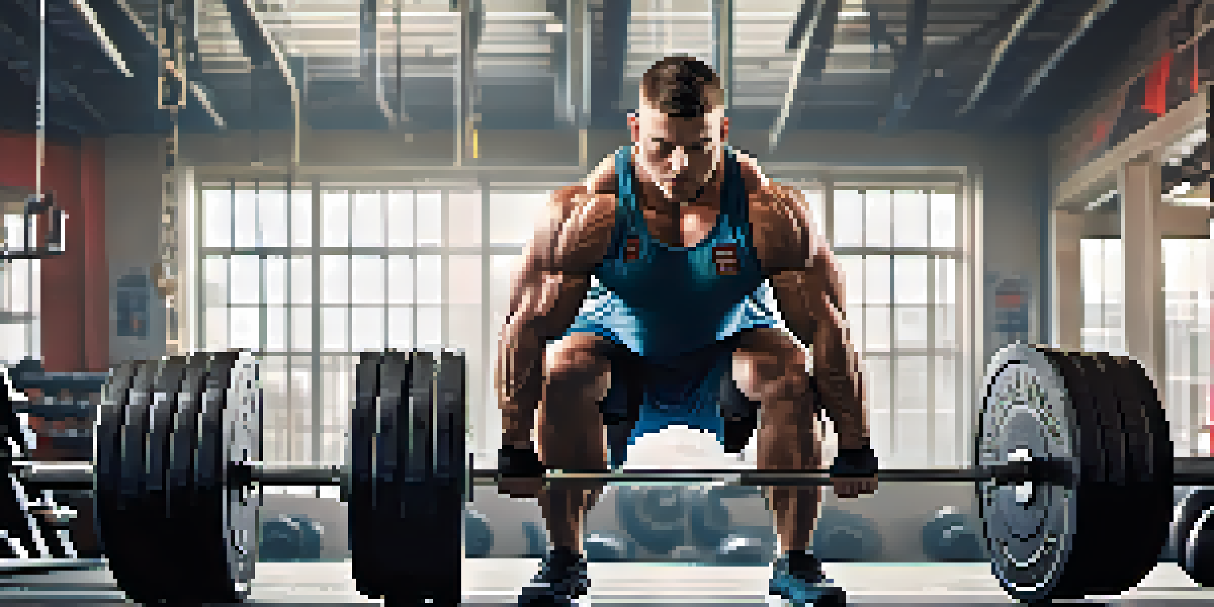 A powerlifter squatting with weights in a bright gym filled with training equipment and motivational posters.