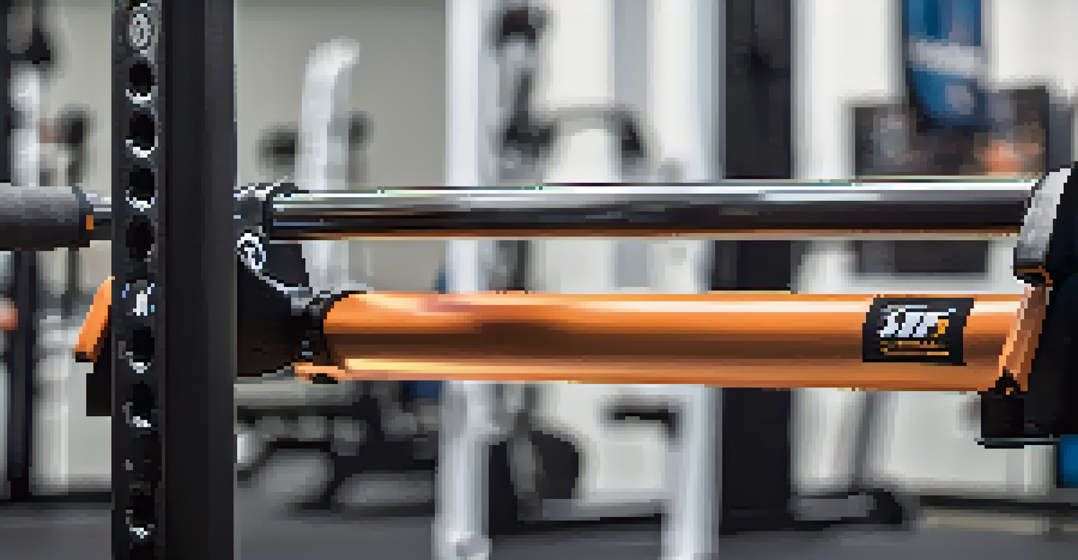 A close-up view of a safety bar on a squat rack, highlighting its padded features.