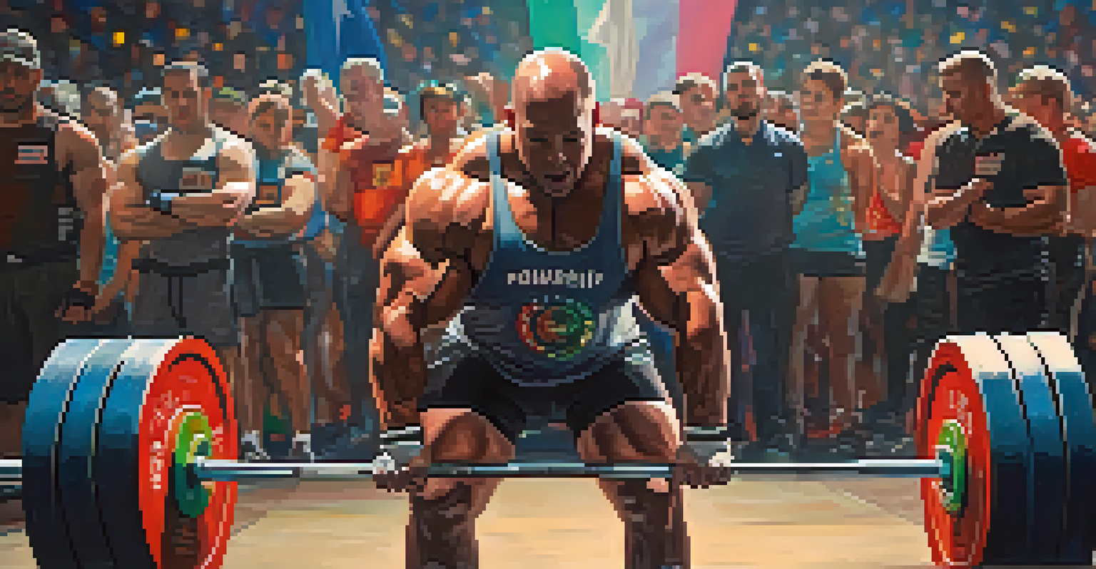 A close-up of a powerlifter lifting a barbell during a competition, with an engaged audience in the background.