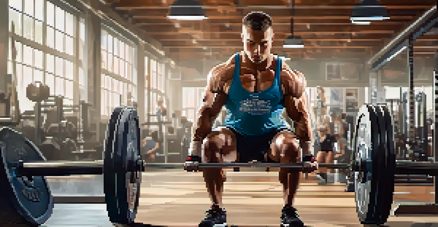 A powerlifter lifting a heavy barbell in a bright gym, showcasing determination and effort.