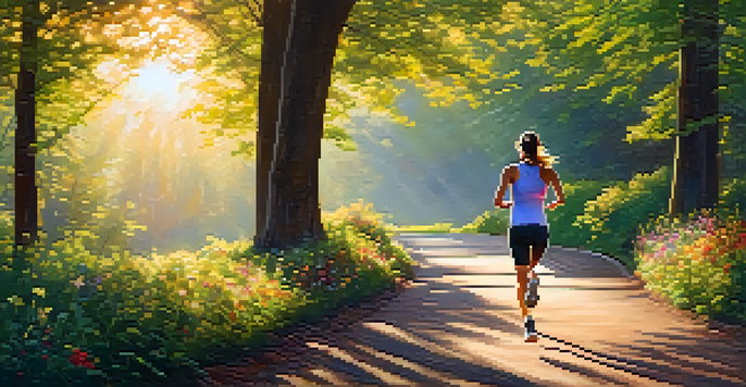 A jogger running on a tree-lined path during the golden hour with sunlight filtering through the leaves.