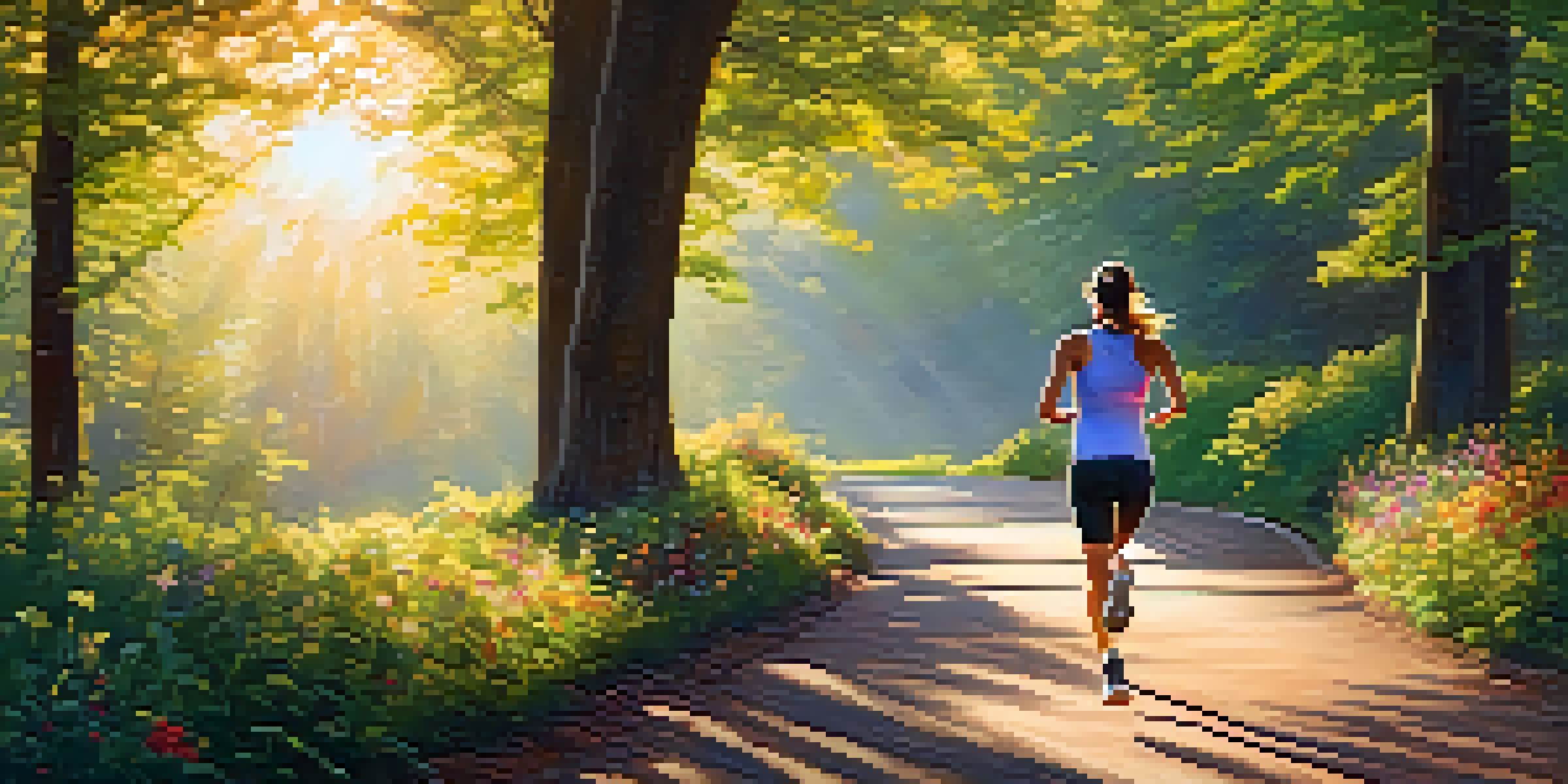 A jogger running on a tree-lined path during the golden hour with sunlight filtering through the leaves.
