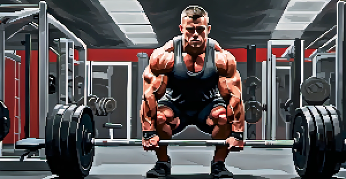 A powerlifter squatting heavy weights in a gym, showcasing muscle engagement and determination.