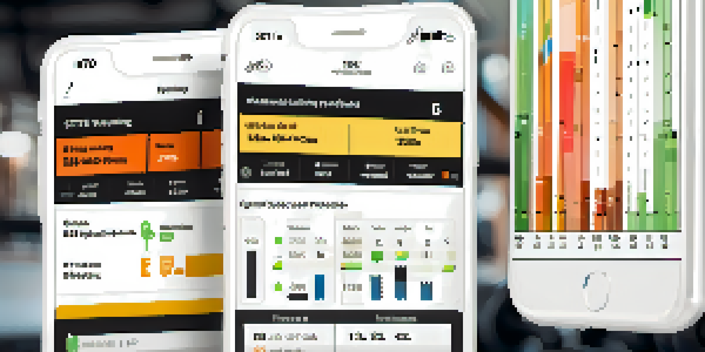 A smartphone displaying a powerlifting app interface with graphs and logs, set against a blurred gym background.