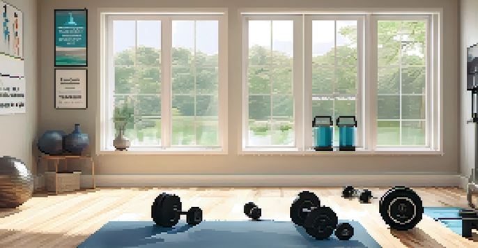 A bright and organized home gym with dumbbells, a bench press, resistance bands, and a yoga mat, illuminated by natural light from large windows.