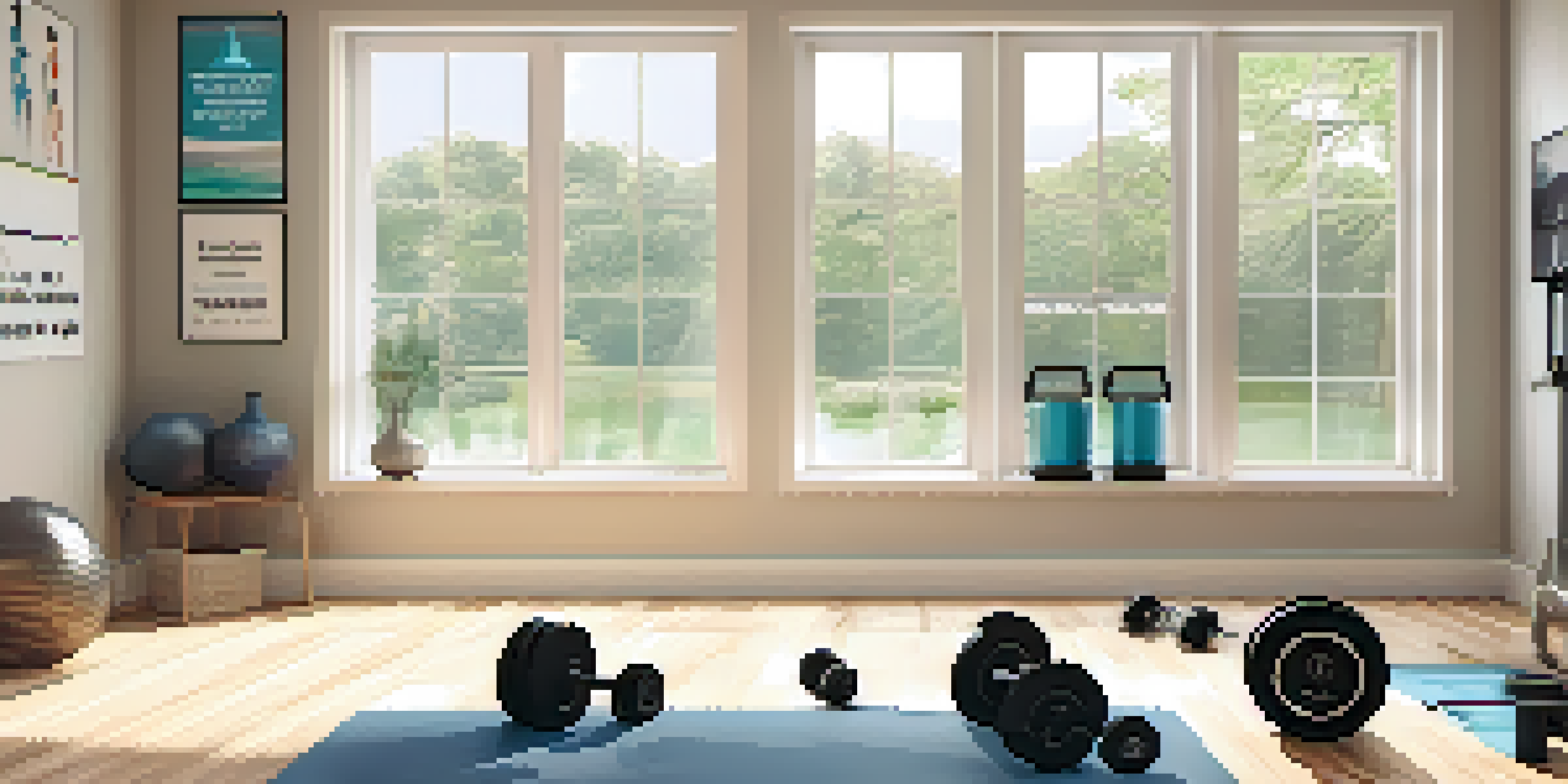 A bright and organized home gym with dumbbells, a bench press, resistance bands, and a yoga mat, illuminated by natural light from large windows.