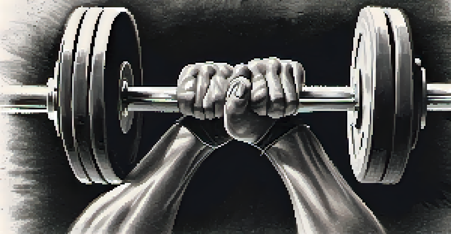 Close-up of a powerlifter's chalk-dusted hands gripping a barbell, showcasing strength and preparation.