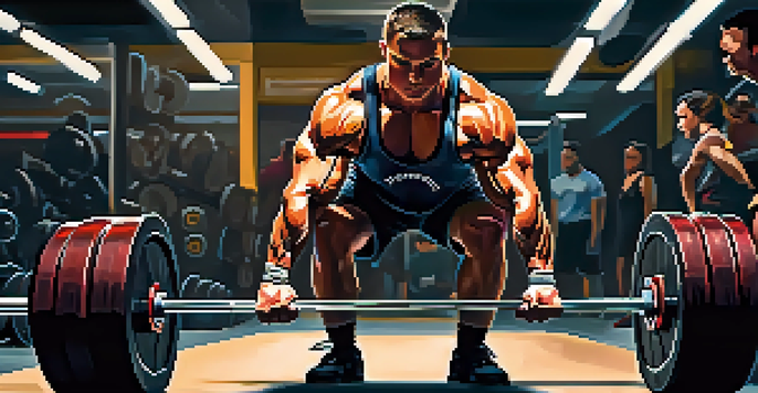A focused powerlifter performing a deadlift in a gym, showcasing determination and strength under dramatic lighting.