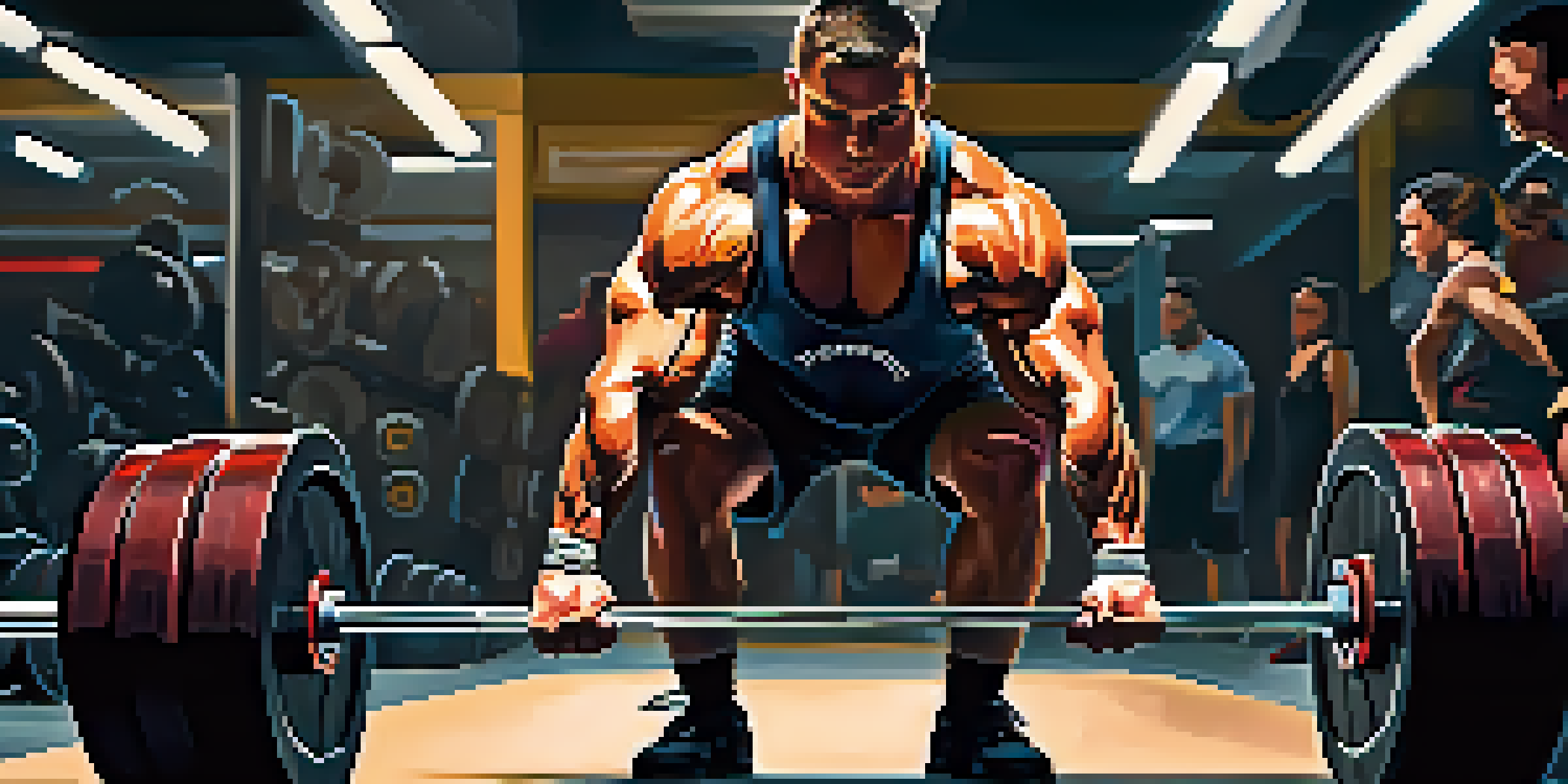 A focused powerlifter performing a deadlift in a gym, showcasing determination and strength under dramatic lighting.