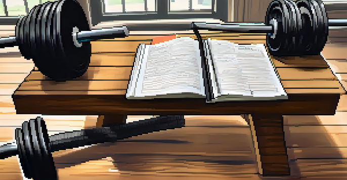 A powerlifting journal with handwritten notes on a gym bench, surrounded by weights and a barbell, illuminated by natural light.