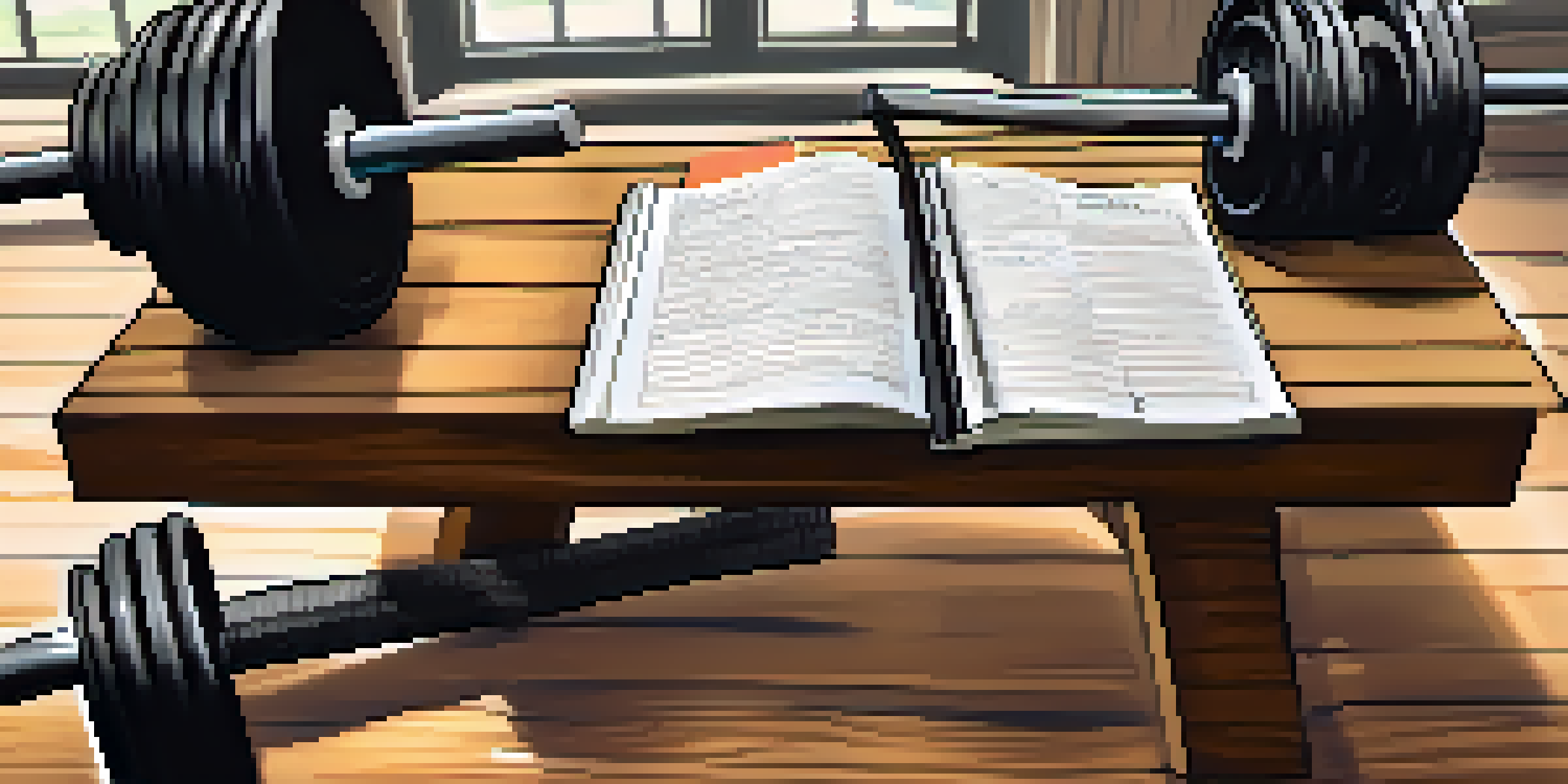 A powerlifting journal with handwritten notes on a gym bench, surrounded by weights and a barbell, illuminated by natural light.