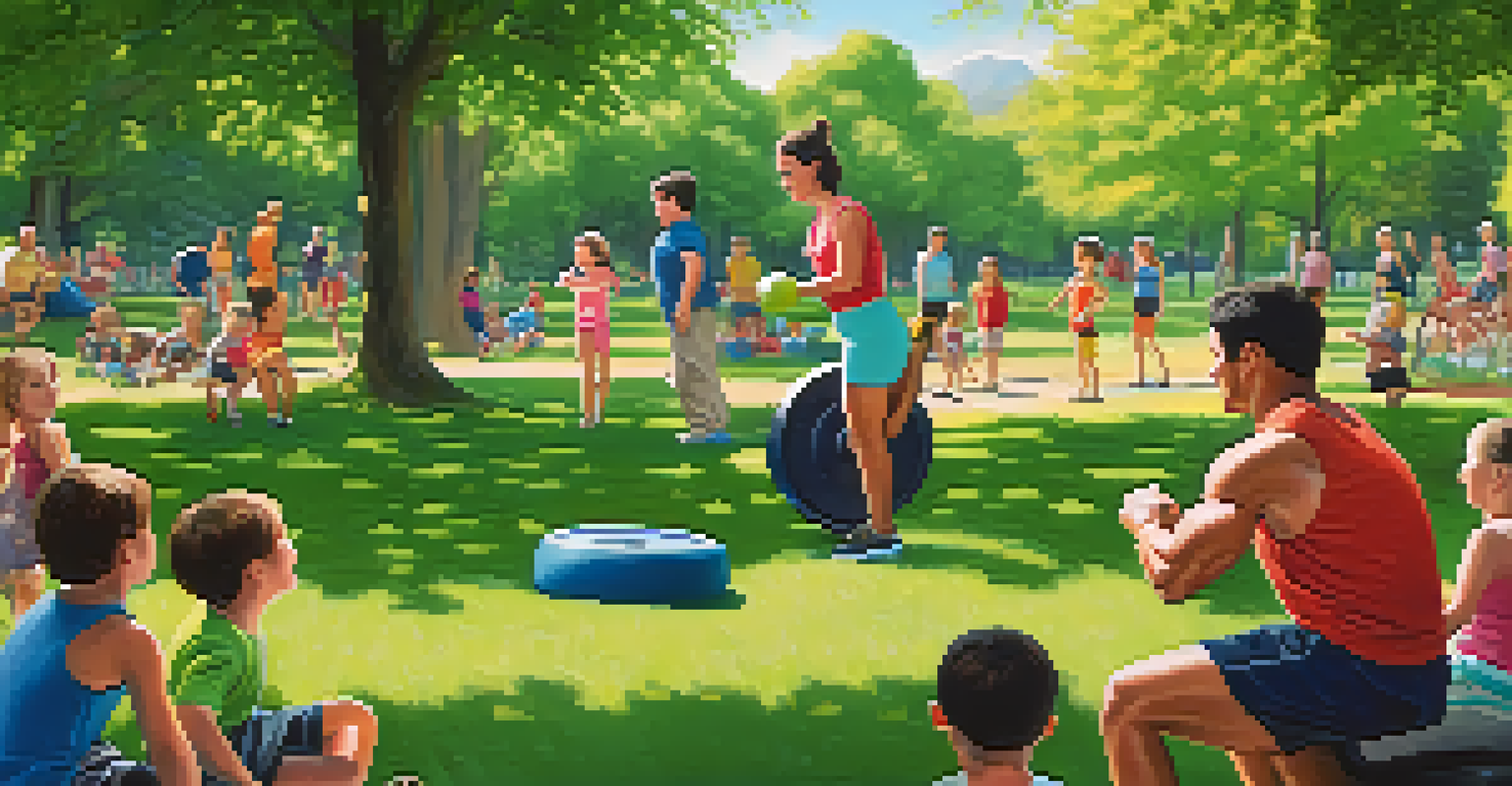 A parent demonstrating a powerlifting move in a park while children play in the background, showcasing family fun and fitness.