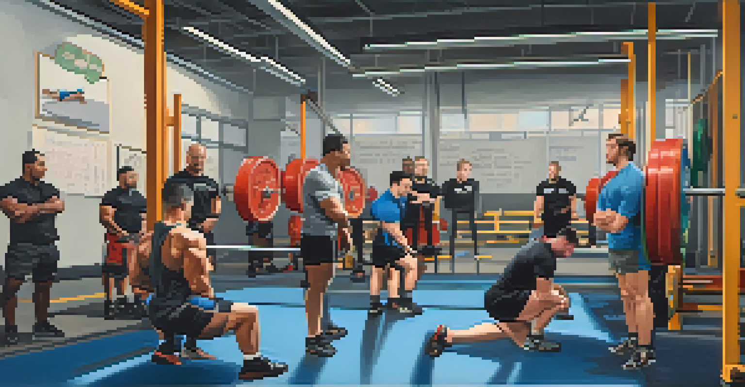 A coach demonstrating lifting techniques to athletes in a powerlifting gym, with safety protocols displayed in the background.