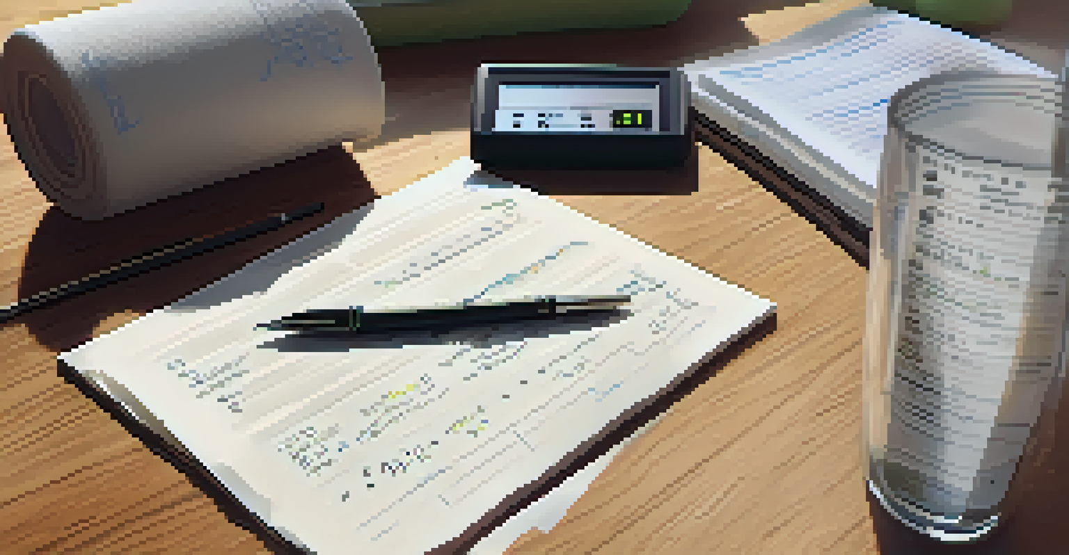 An overhead view of a training log with notes on RPE and RIR scores, a pen, and a water bottle on a wooden table, with gym equipment blurred in the background.