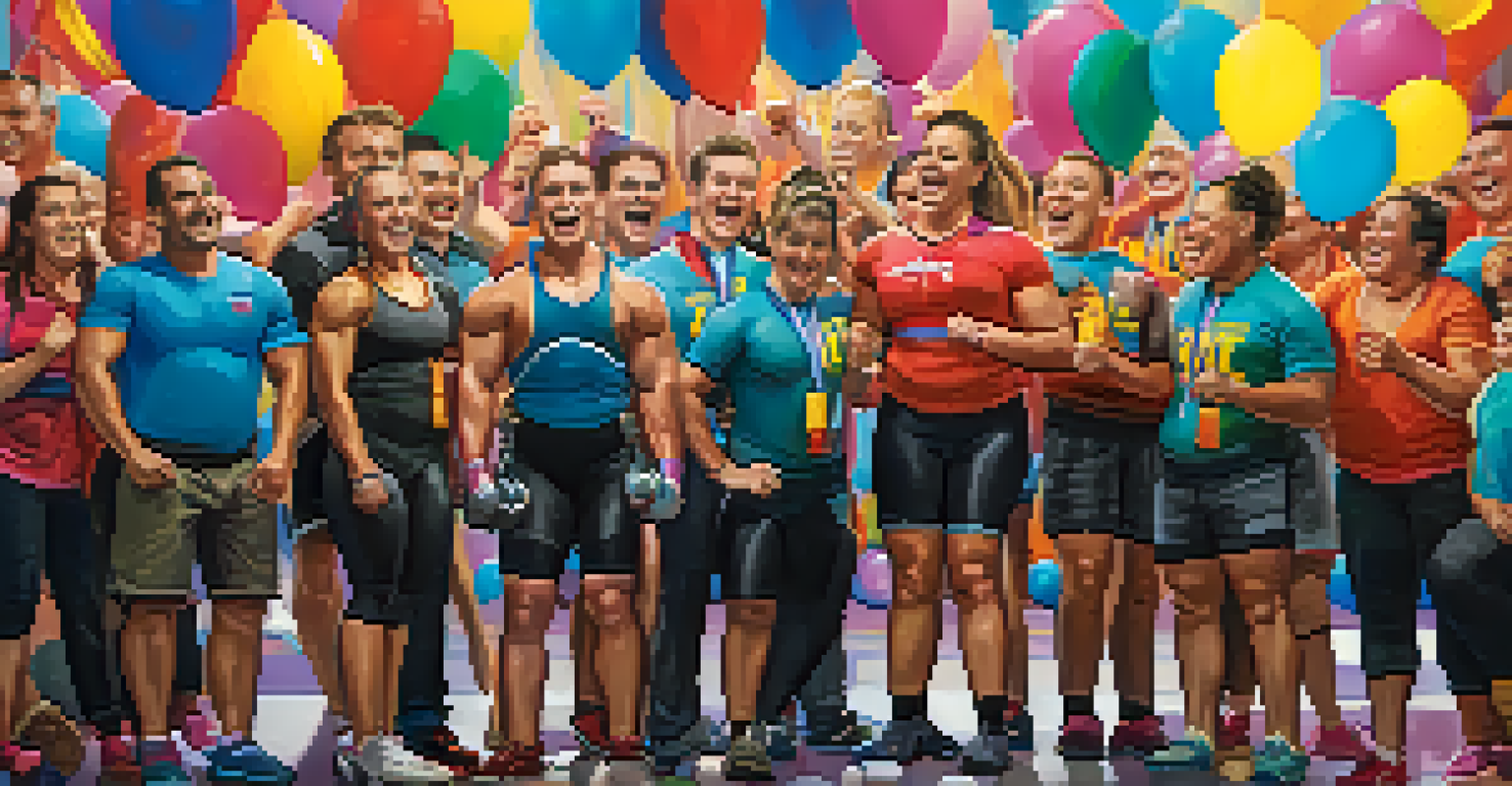 A group of powerlifters celebrating together after a competition, holding medals and trophies in a festive atmosphere.