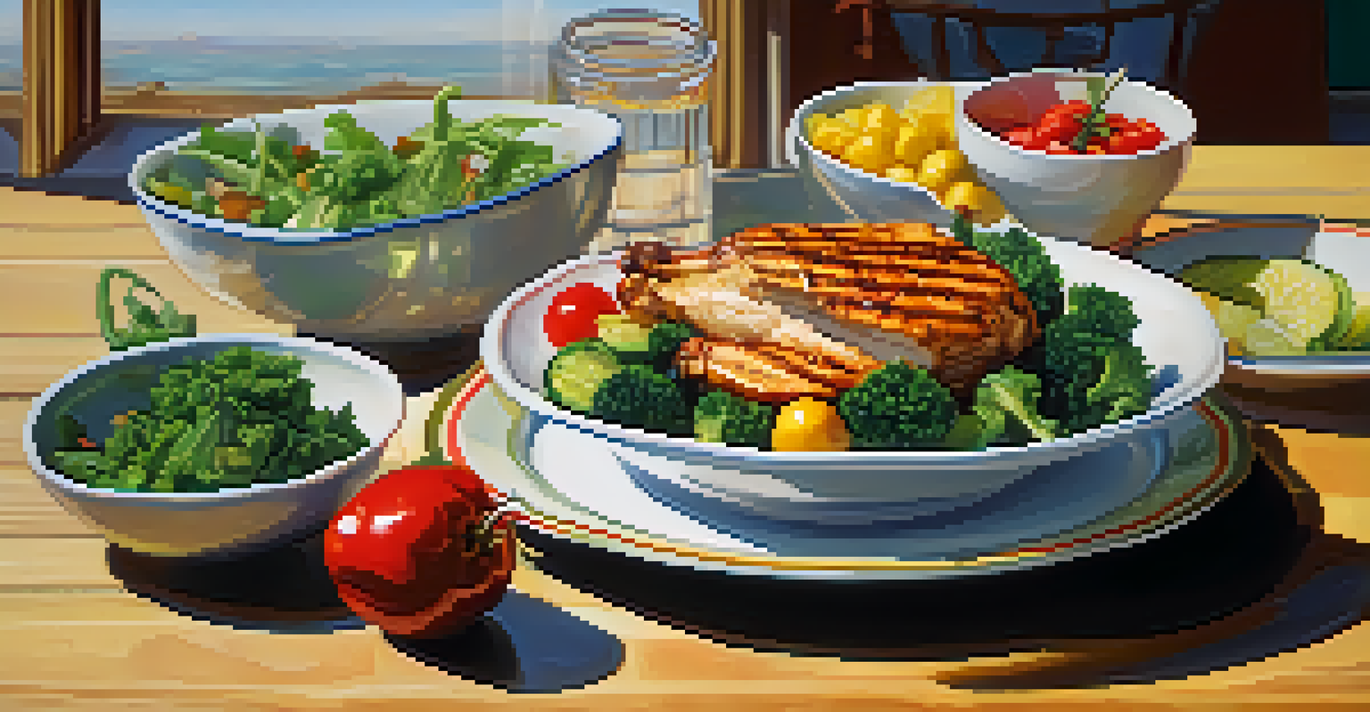 A healthy balanced meal featuring grilled chicken, quinoa, and mixed vegetables on a wooden table, with natural light illuminating the scene.