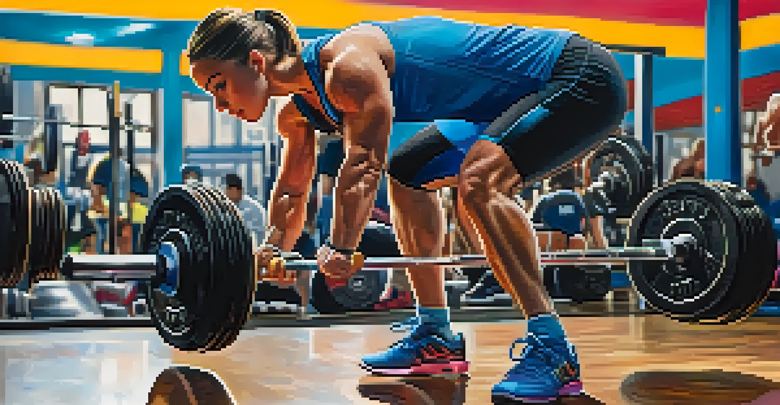 An athlete squatting in brightly colored powerlifting shoes with a raised heel in a gym setting, surrounded by weights and mirrors.