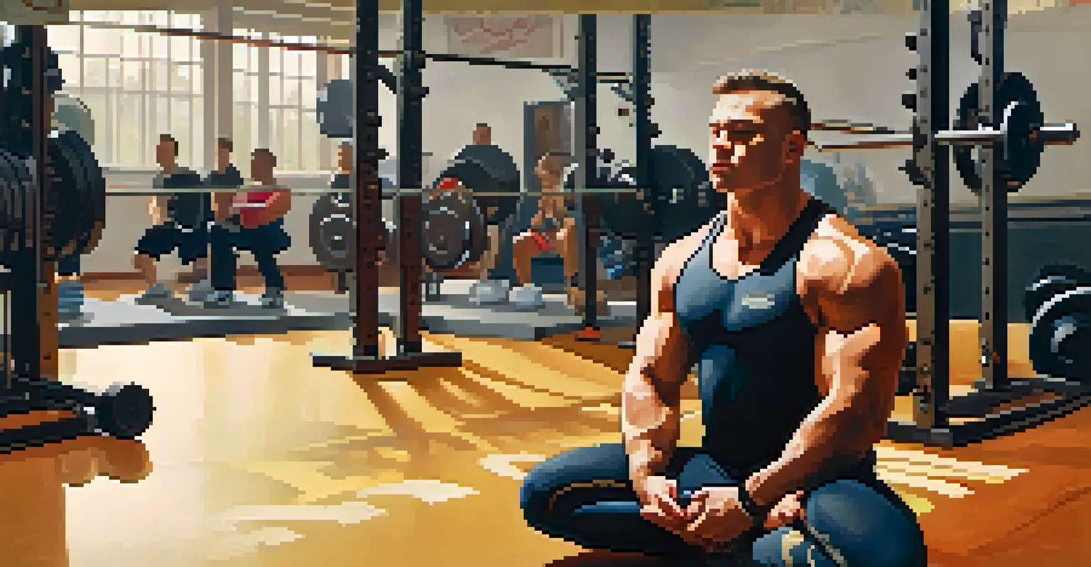 A powerlifter meditating in a gym, creating a sense of calm before competition.