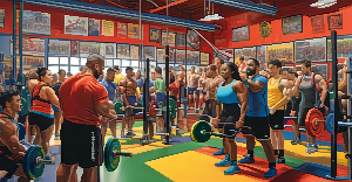A lively gym scene with diverse powerlifters training together, cheering each other on, surrounded by colorful weights and motivational posters.