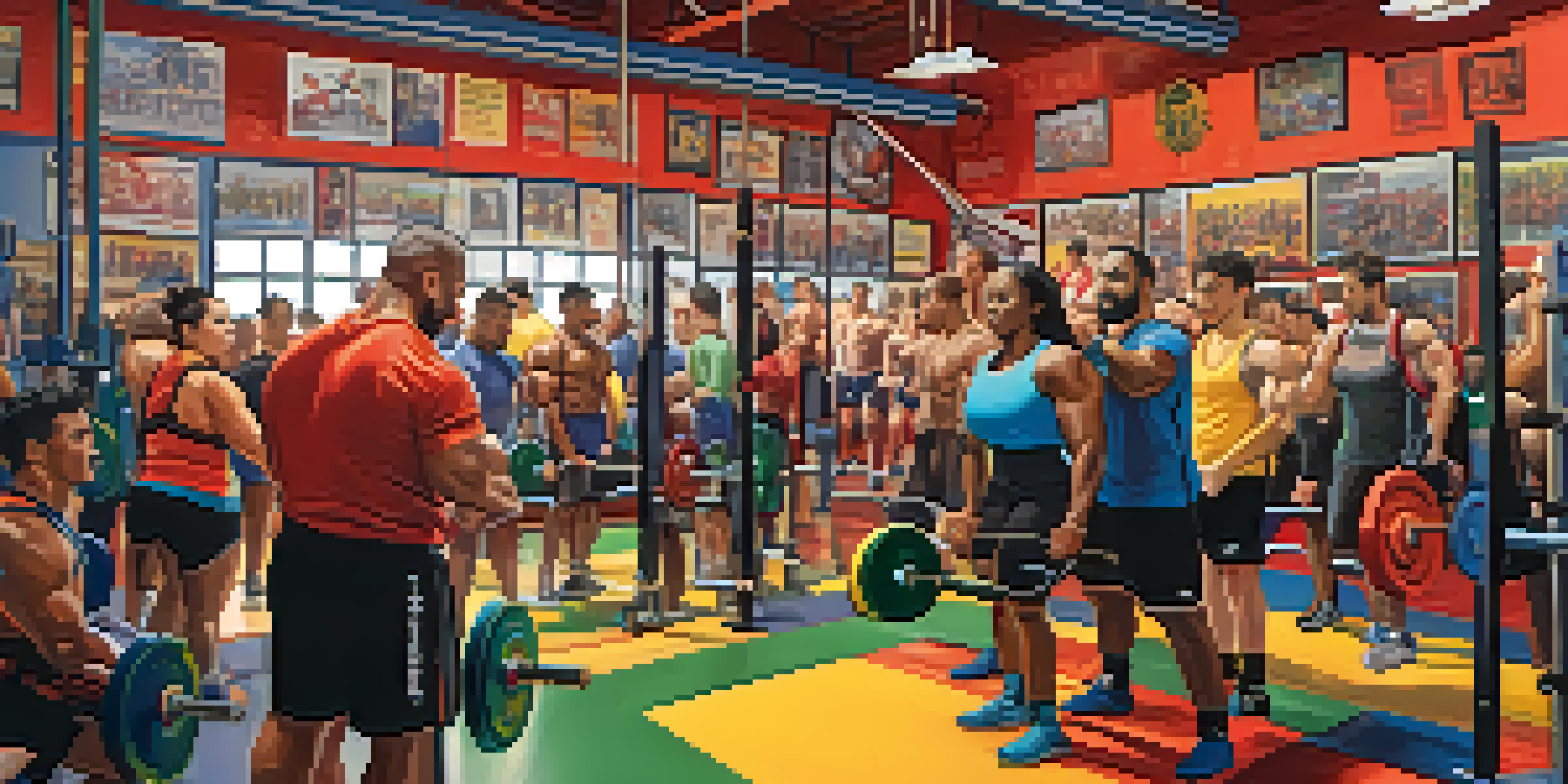 A lively gym scene with diverse powerlifters training together, cheering each other on, surrounded by colorful weights and motivational posters.