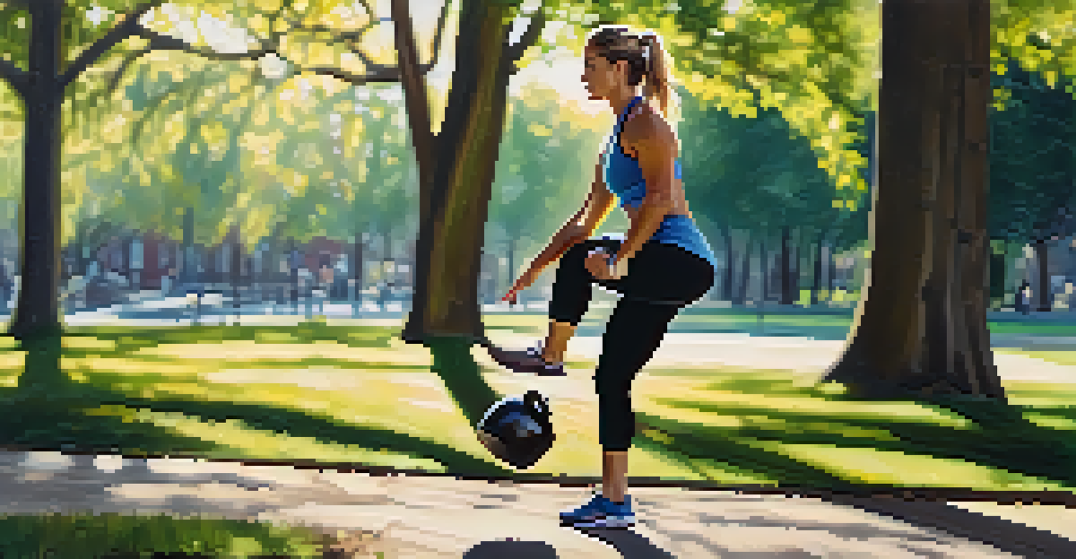 A fitness instructor performing a single-leg Romanian deadlift outdoors, demonstrating balance and strength with a kettlebell.