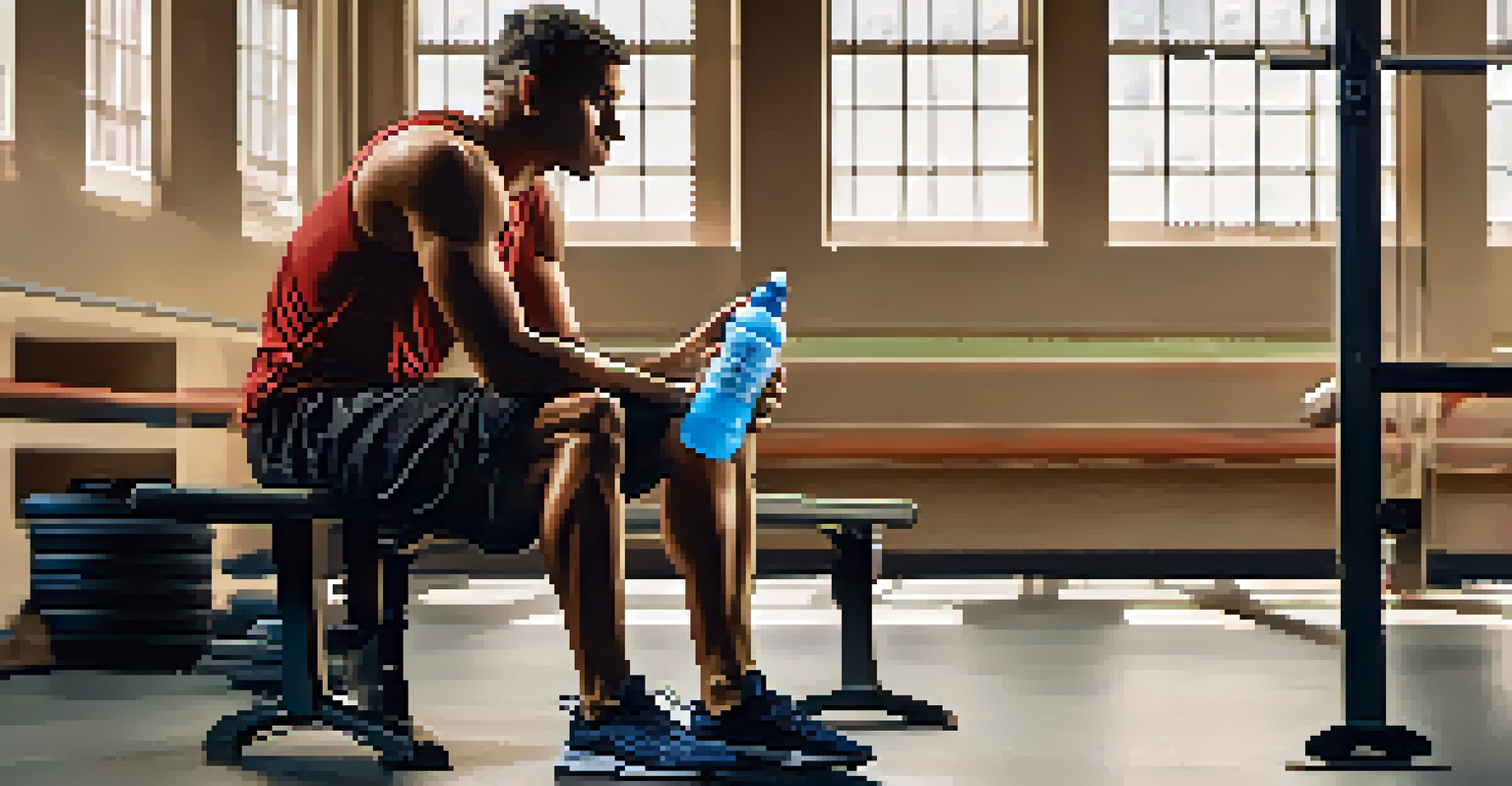 An athlete sitting on a gym bench, looking tired and contemplative with a water bottle, emphasizing the importance of listening to one's body.