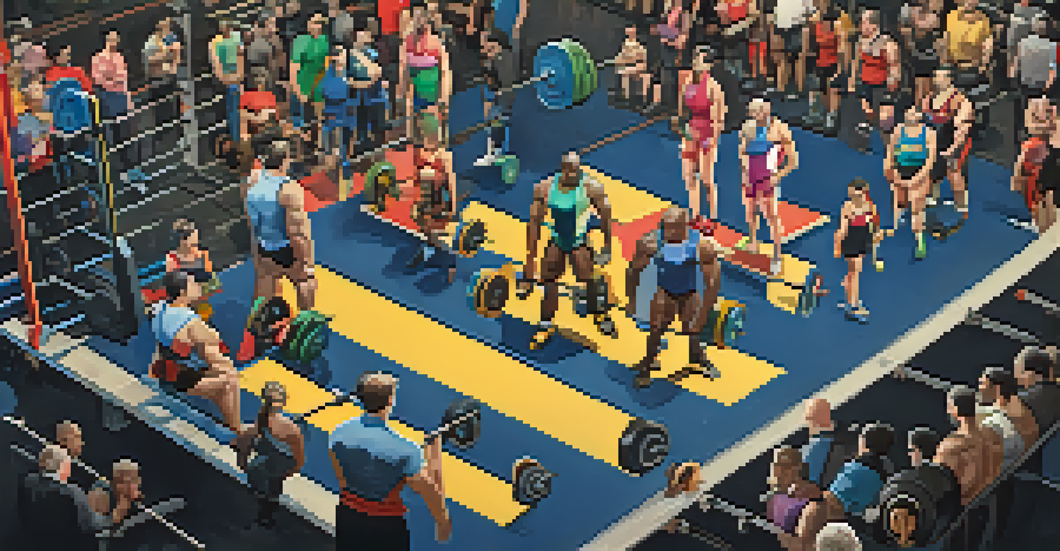 An overhead view of a powerlifting meet with athletes warming up and strategizing, showcasing a vibrant competition atmosphere.