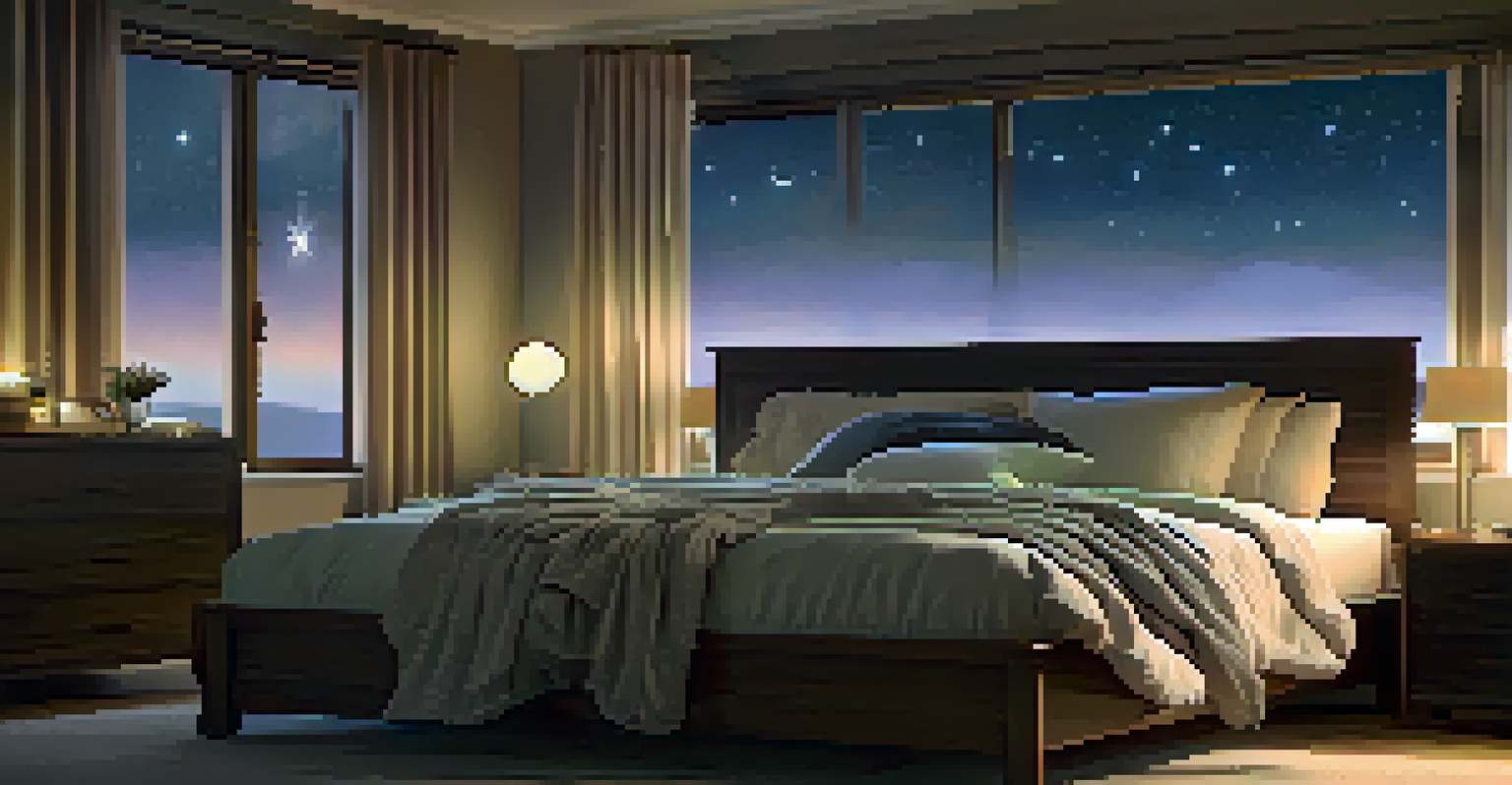 A cozy bedroom scene with a comfortable bed and warm lighting, highlighting a peaceful atmosphere ideal for restful sleep.