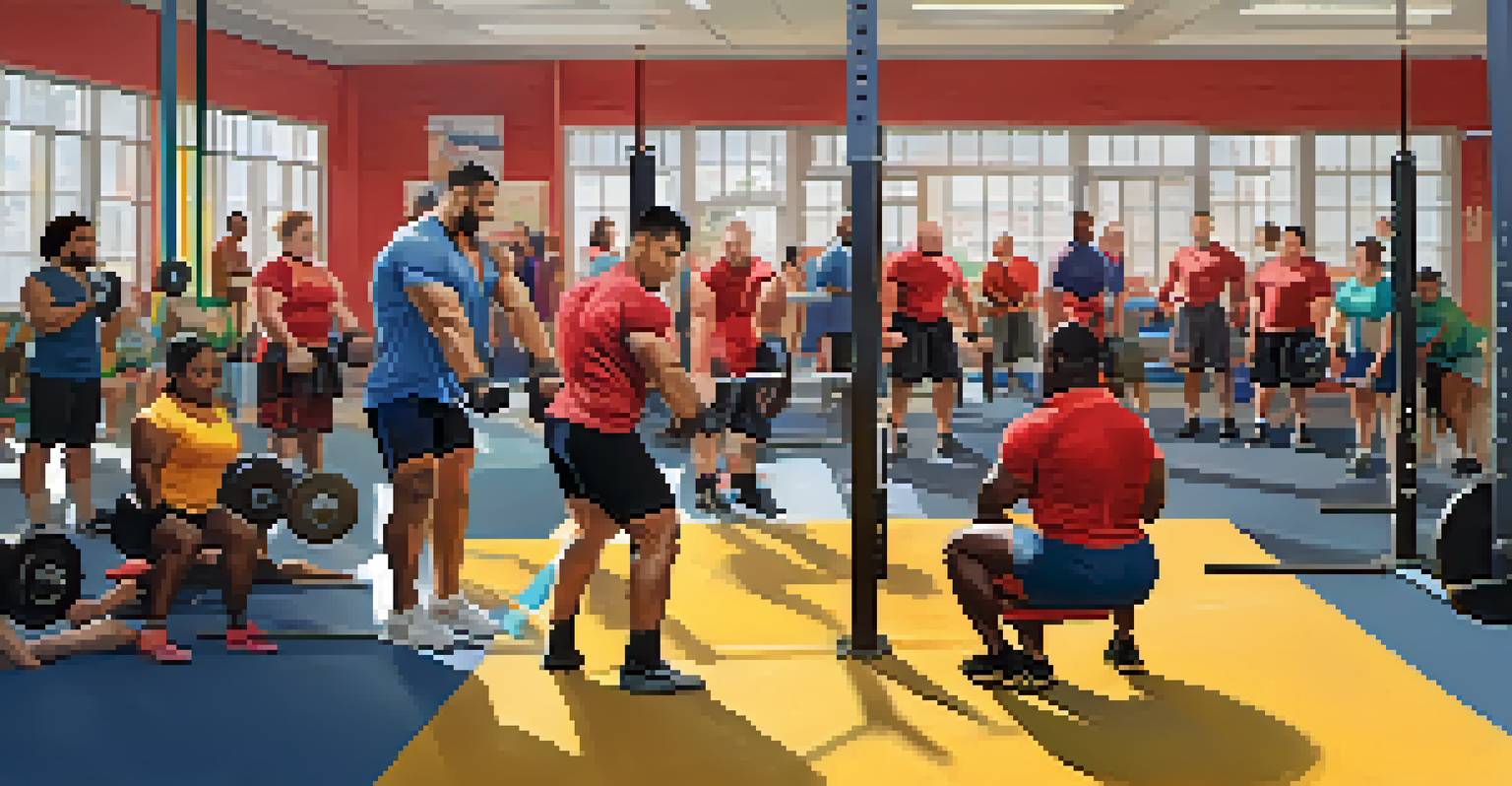A diverse group of individuals lifting weights together in a supportive rehabilitation center, showcasing camaraderie and teamwork.