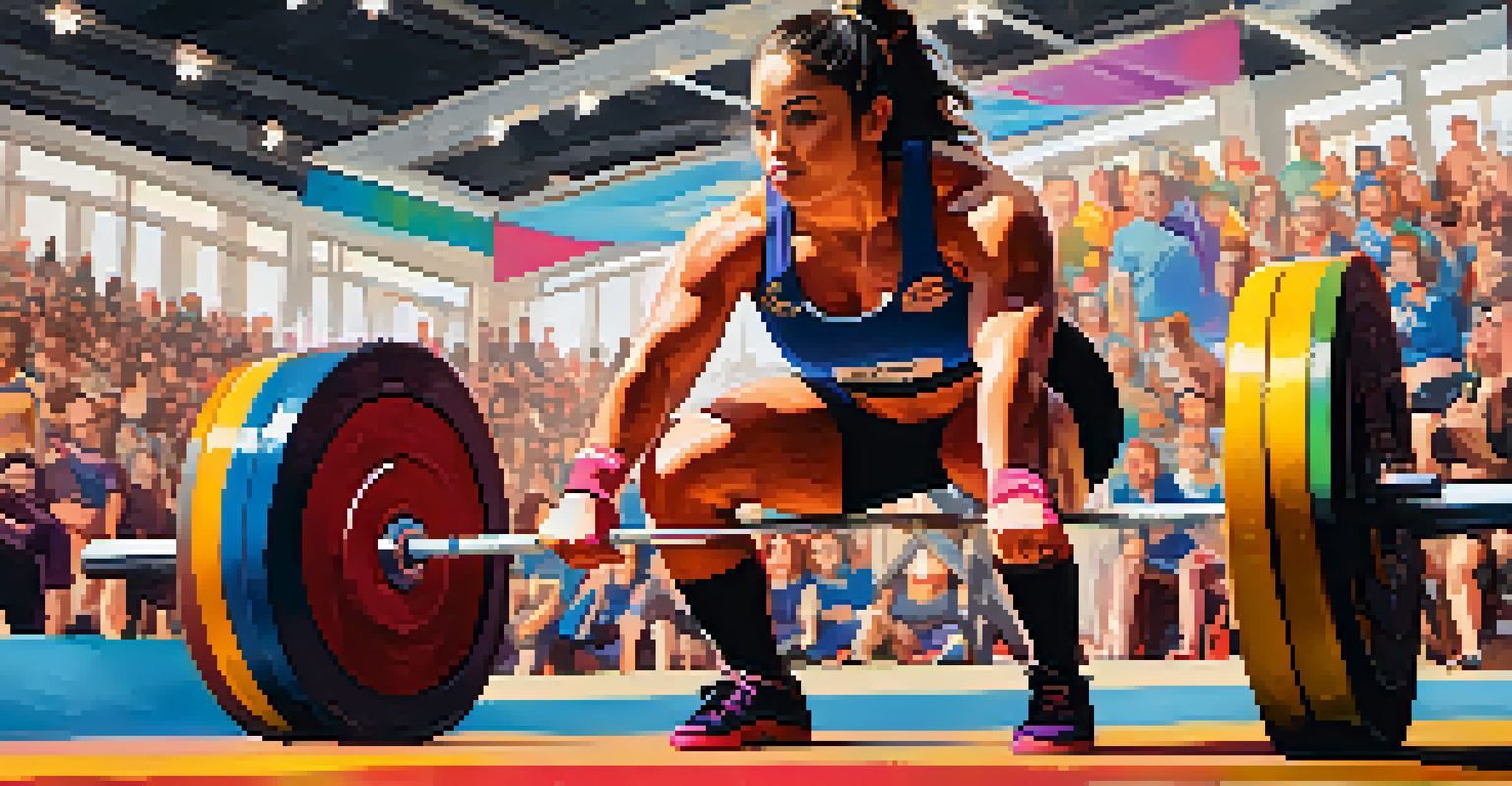A female powerlifter performing a deadlift during a competition, with an audience cheering in the background.