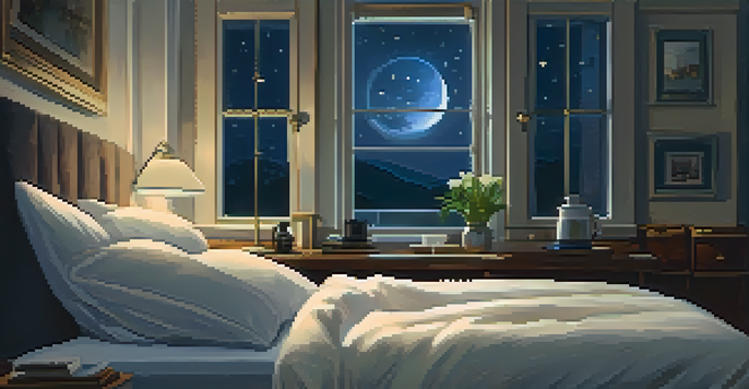 A cozy bedroom with soft bedding, dim lighting, and a peaceful night sky visible through the window.