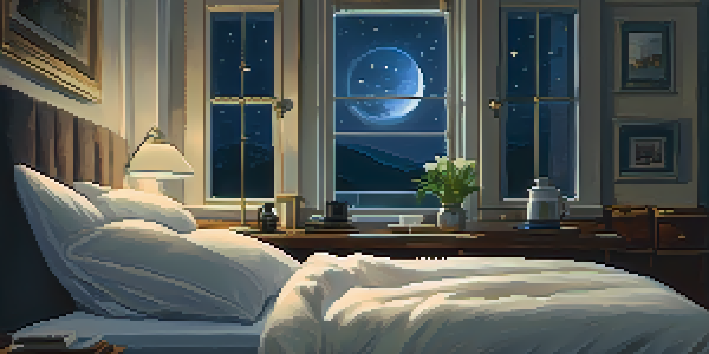 A cozy bedroom with soft bedding, dim lighting, and a peaceful night sky visible through the window.