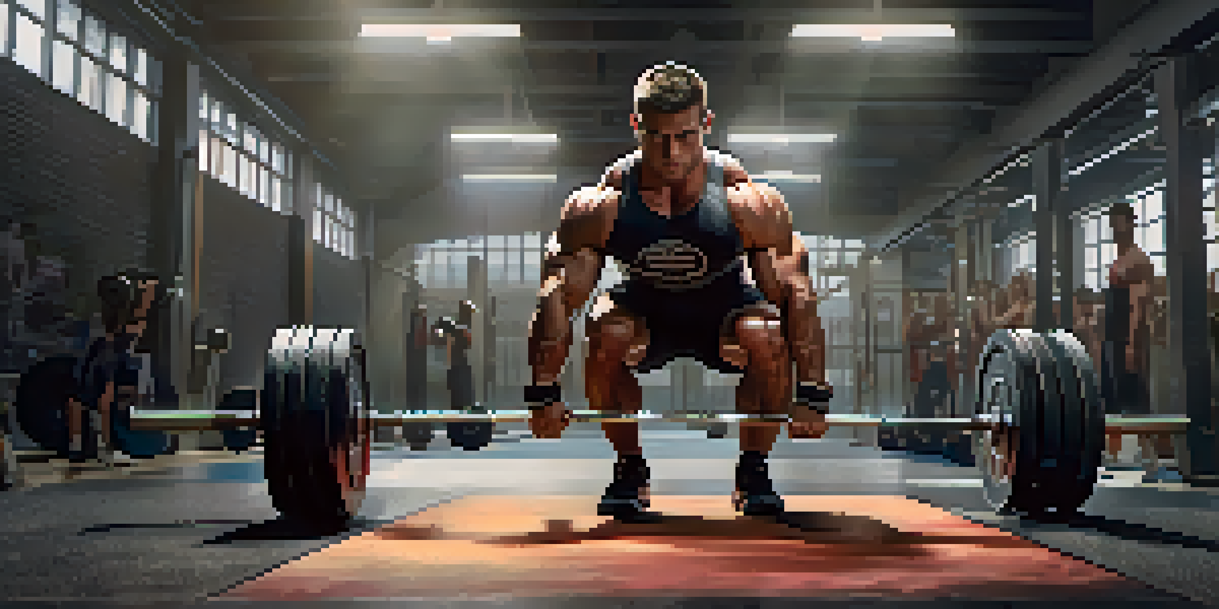 A powerlifter lifting a heavy barbell in a gym, exhibiting strong muscles and focus.