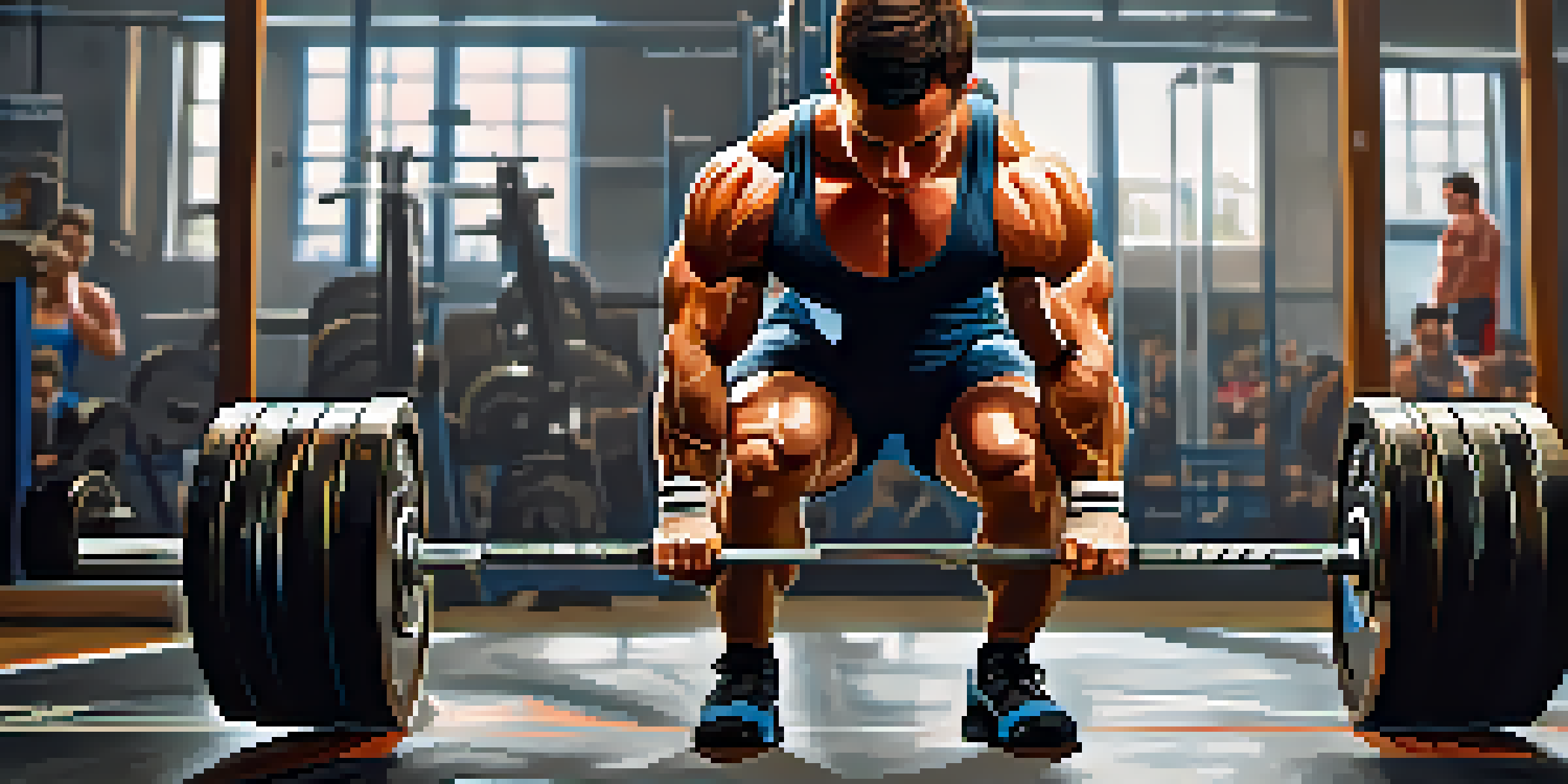 A powerlifter concentrating on a deadlift in a well-equipped gym, showcasing determination and strength.