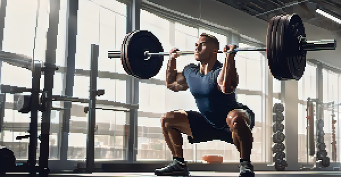A powerlifter in a gym performing a squat with a barbell on their shoulders, surrounded by exercise equipment and illuminated by natural light.