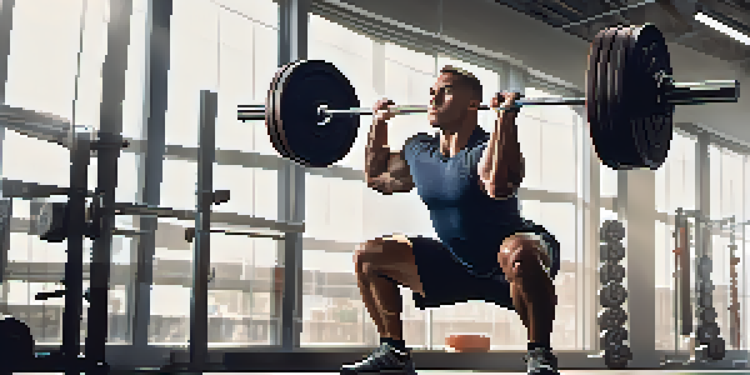 A powerlifter in a gym performing a squat with a barbell on their shoulders, surrounded by exercise equipment and illuminated by natural light.