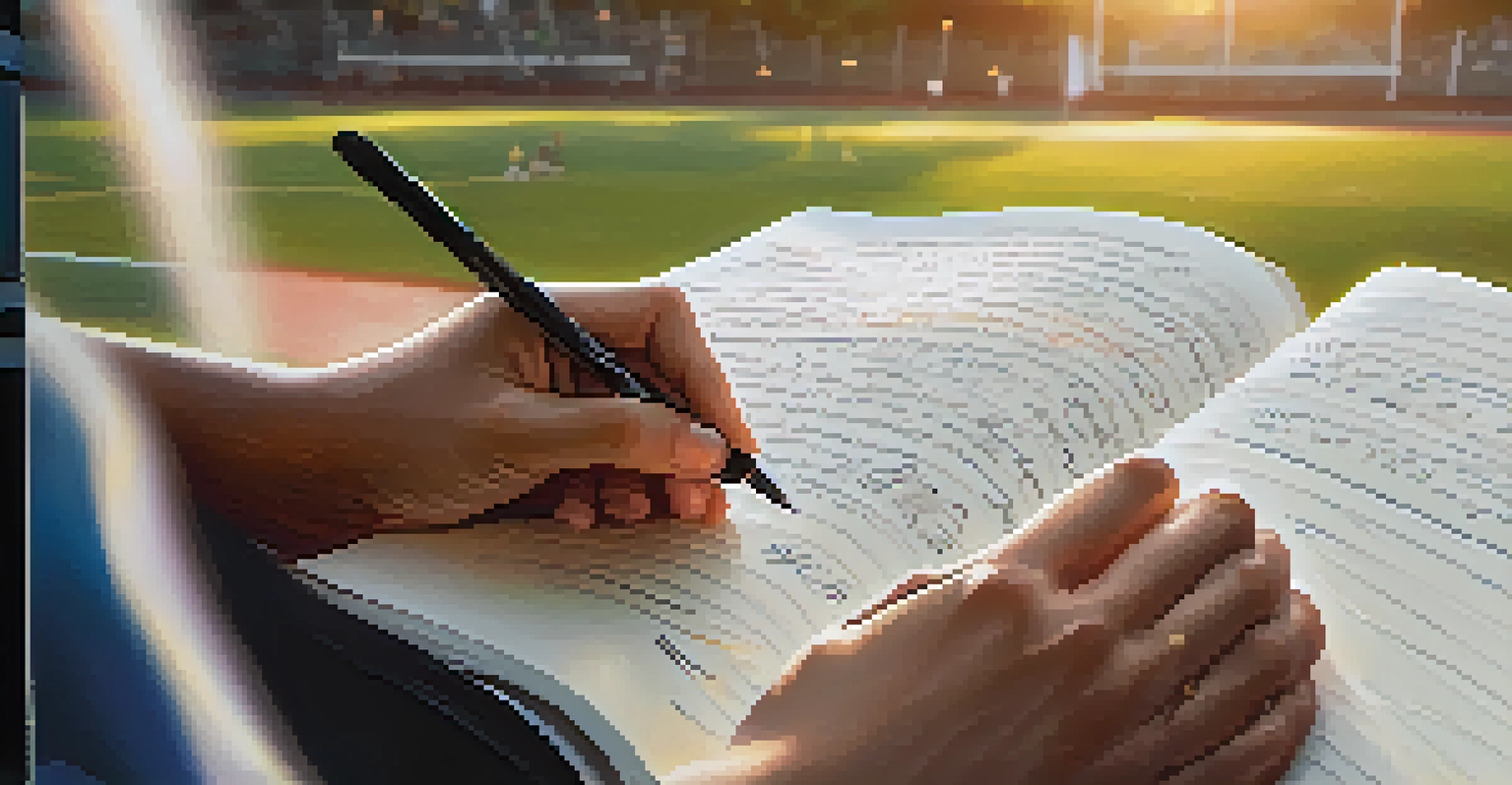 Close-up of hands writing in a journal with notes on performance improvement, set against a blurred sports field.