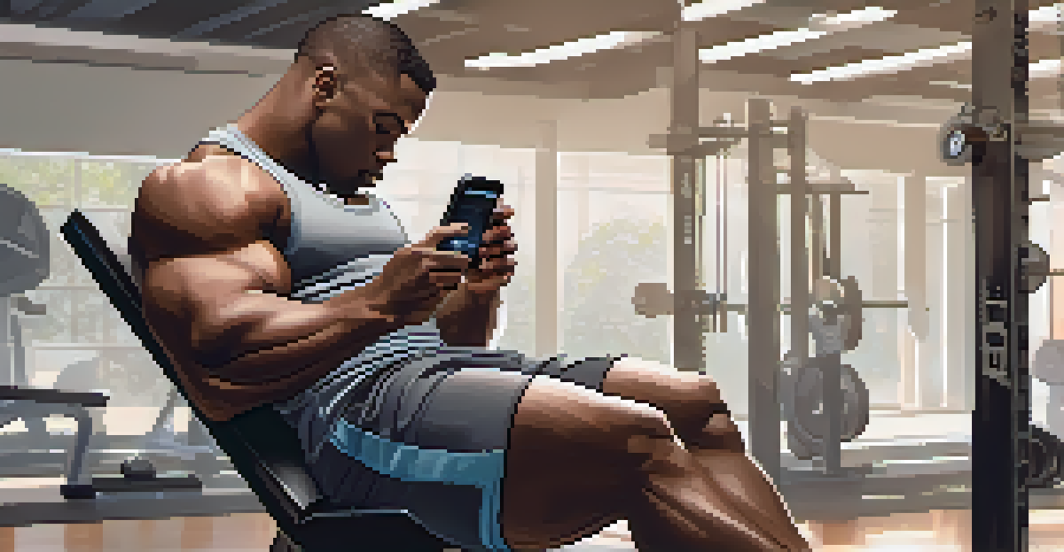 A powerlifter resting on a bench while checking recovery metrics on a fitness tracker in a calm gym environment.
