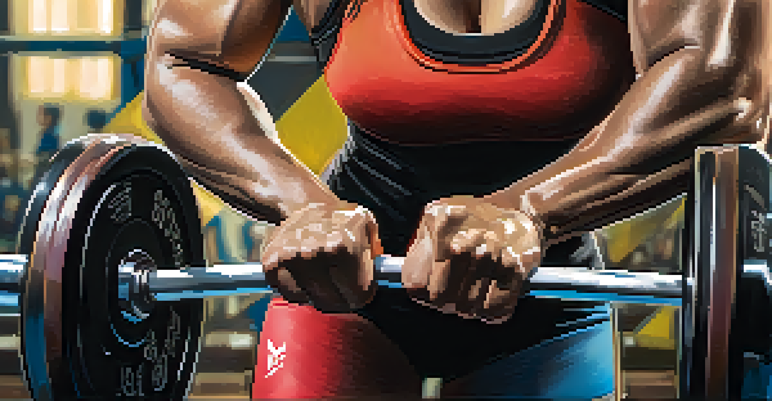 Close-up of a female powerlifter's hands gripping a barbell with chalk dust, showcasing strength and focus.