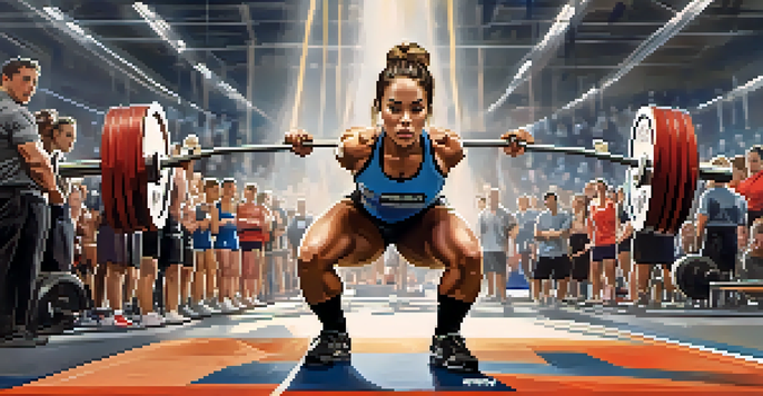 A female powerlifter lifts a barbell in a competitive gym environment, surrounded by cheering spectators and banners celebrating women's strength.